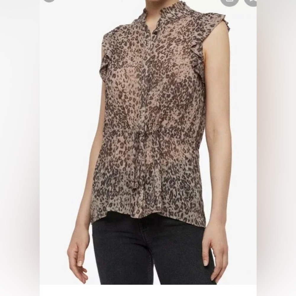 All Saints Blouse Leopard Print Laney Patch Shirt Ruffle Sleeve Tie Waist XS